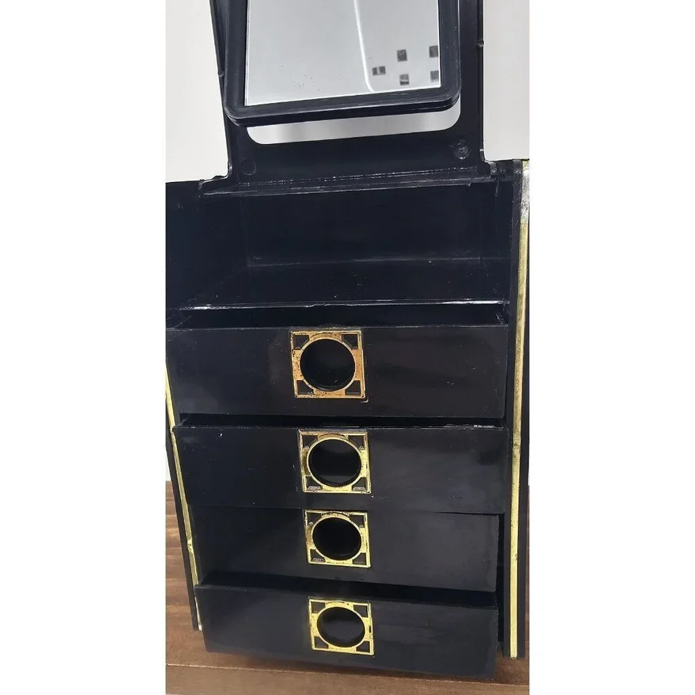 Vintage Hong Kong Black Vanity Jewelry Trinket Box Flip Rotating Mirror Floral